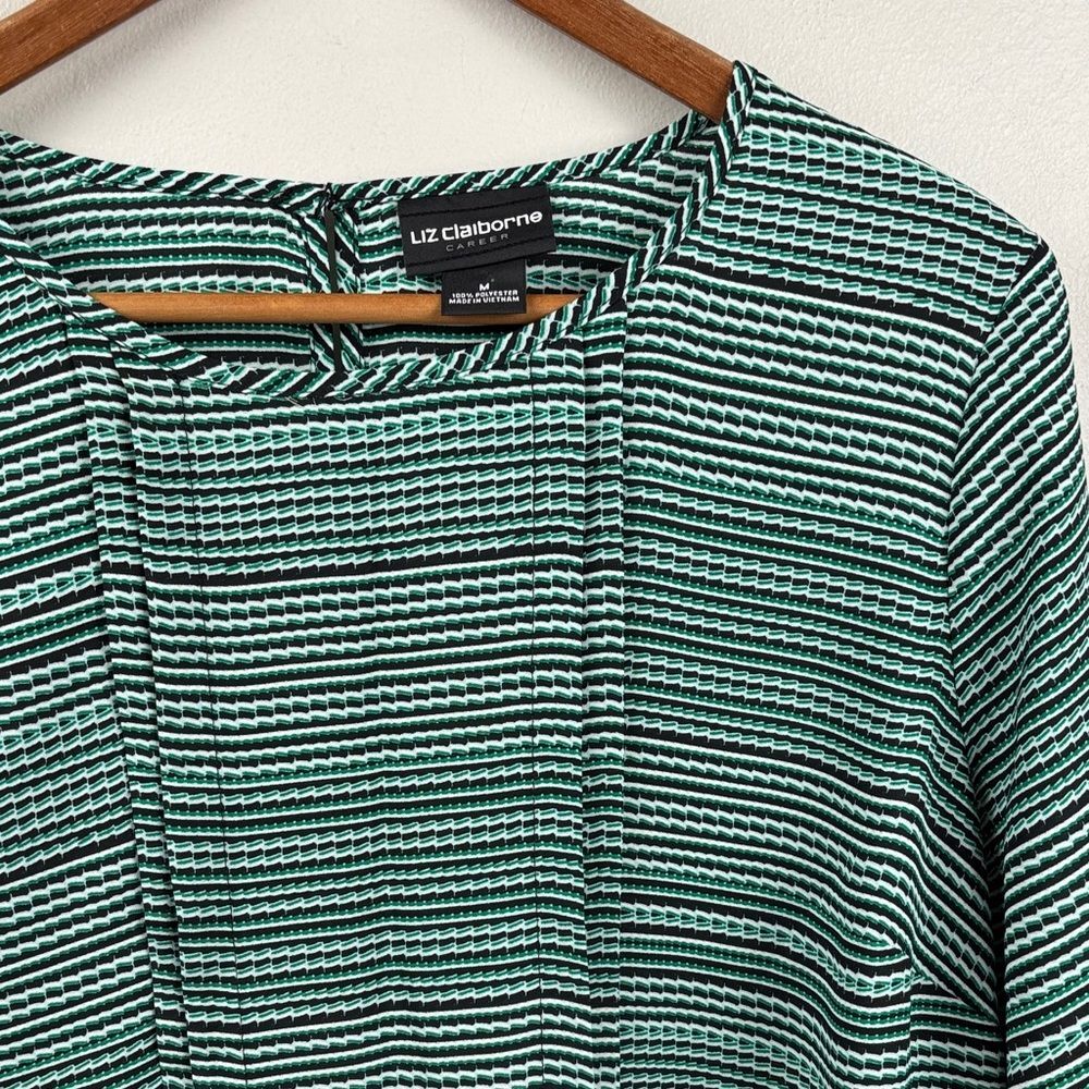 Liz Claiborne Career green and Black Patterned Blouse medium long sleeve
